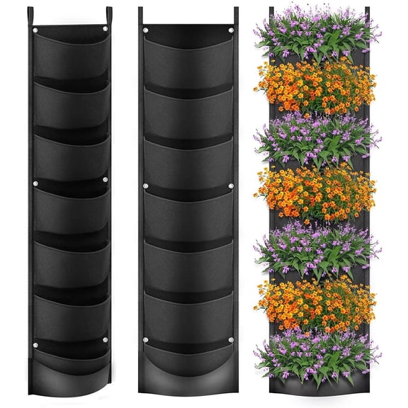 iPower 2-Pack Hanging Vertical Wall Planter 7 Pockets Upgraded Deeper Herb Flower Growing Pouch Felt Cloth, for Yard Garden Fence Home, Balcony Office Decoration, Black
