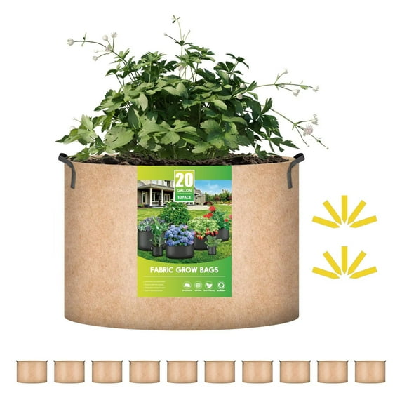 iPower 10-Pack 20 Gallon Plant Grow Bags Thickened Nonwoven Aeration Fabric Container Durable Pots, Strap Handles for Garden, Tan