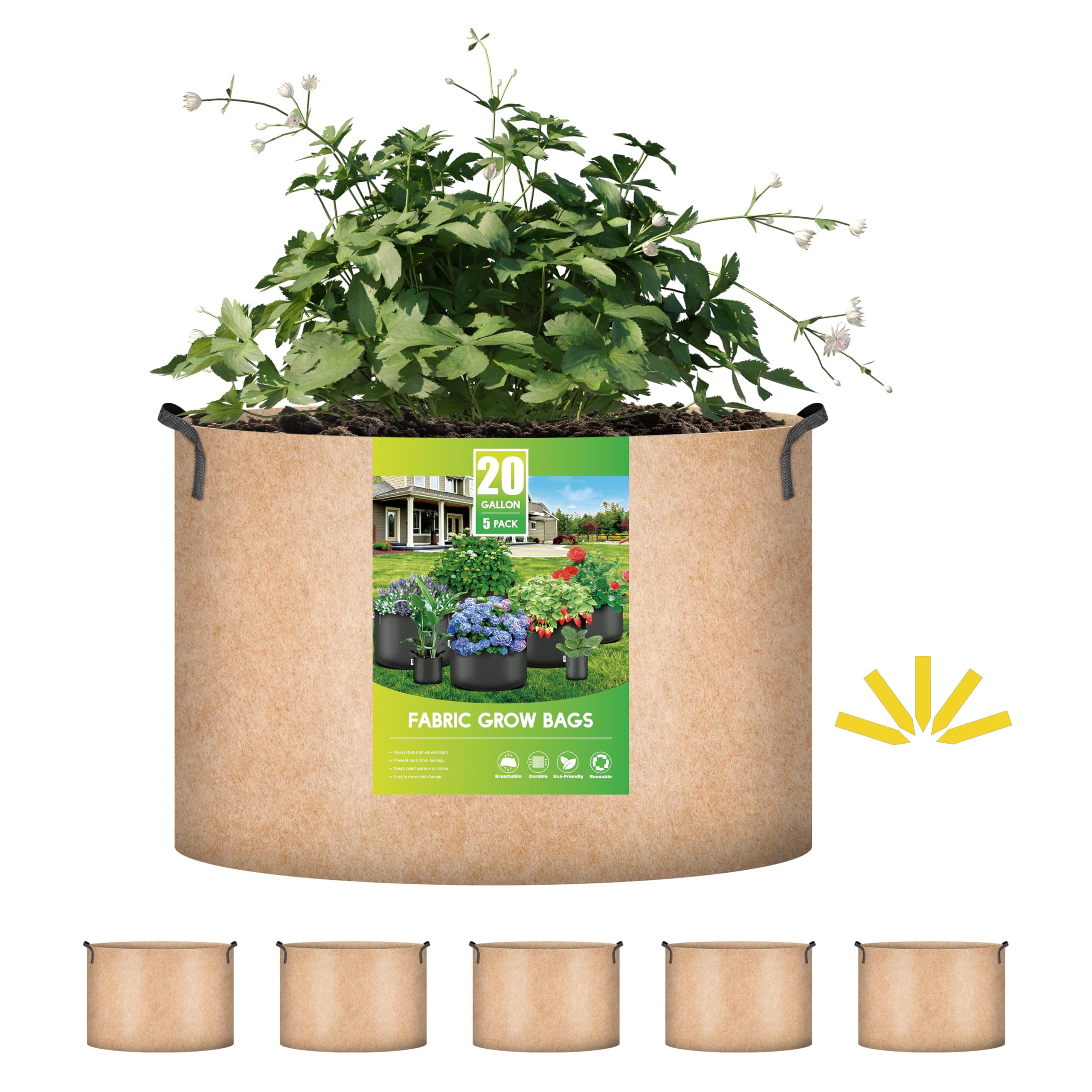 Tan 20 Gallon Cylindrical Fabric Grow Bags with Handles, 5-Pack