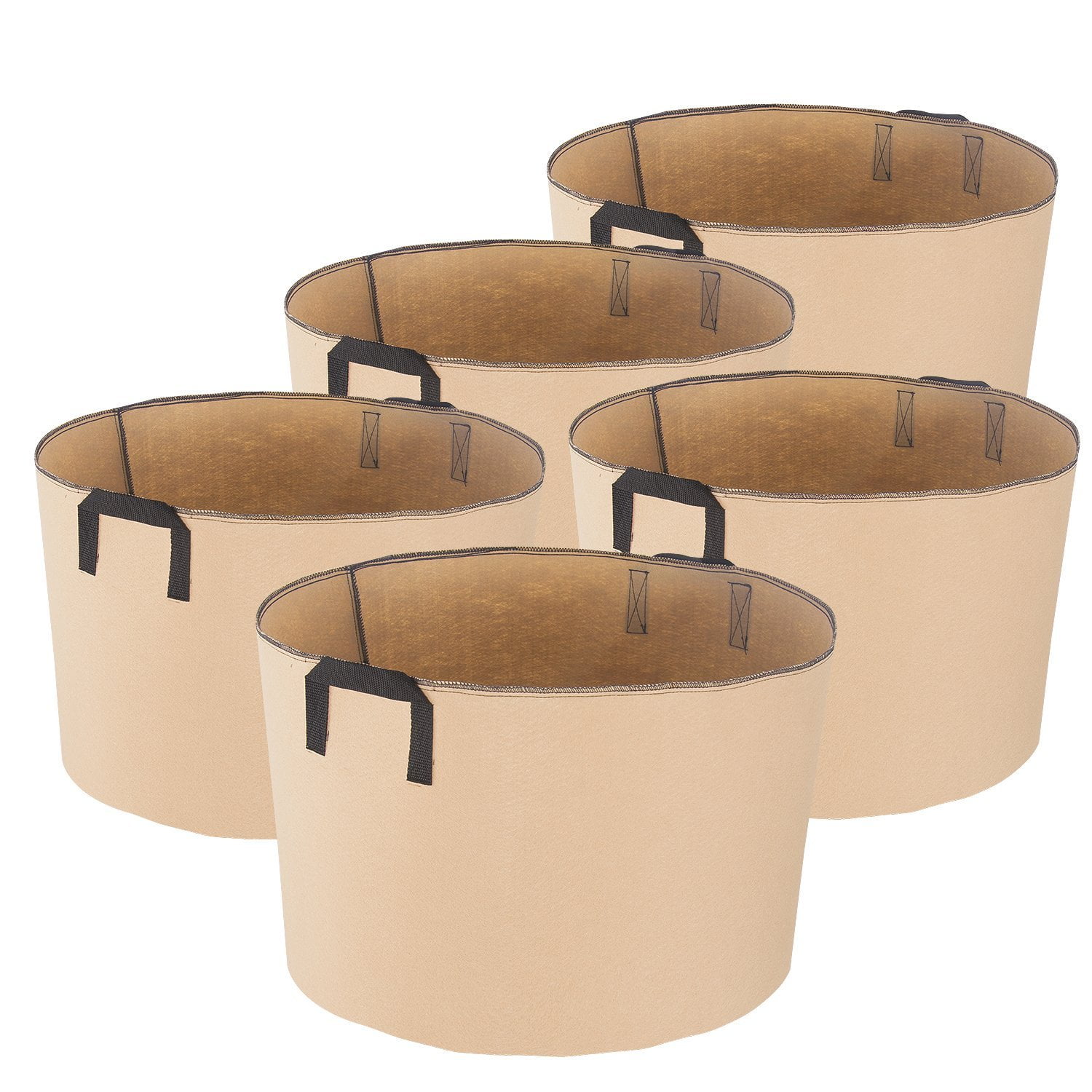 Tan 20 Gallon Cylindrical Fabric Grow Bags with Handles, 5-Pack