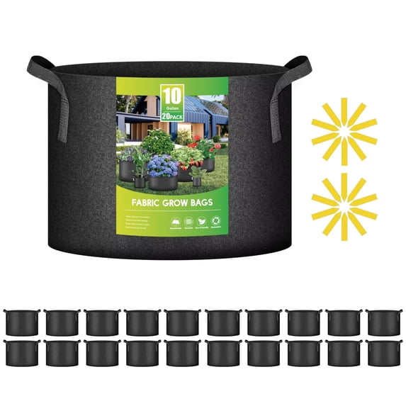 iPower 20 Pack 10 Gallon Grow Bags, Garden Planting Nonwoven Fabric Pots with Reinforced Handle, Heavy Duty and Aeration Planter Pot for Tomato, Fruits, Vegetables and Flowers, Black