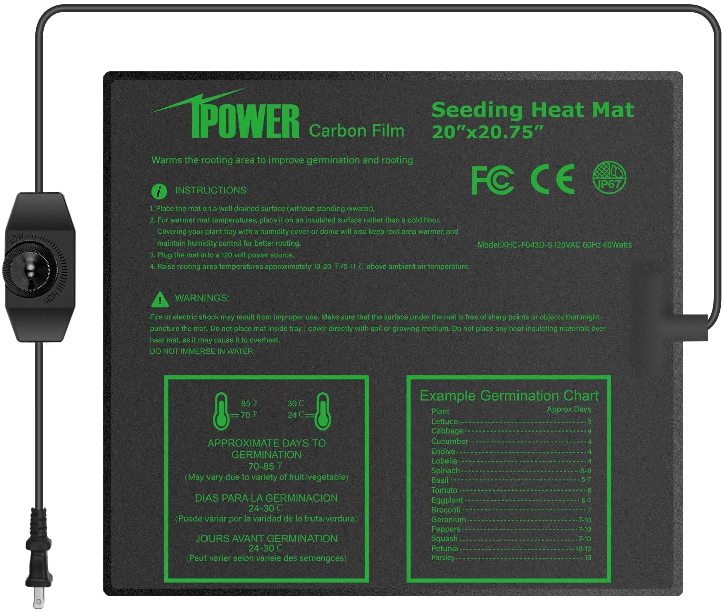 iPower 20" x 20.75" Seeding Heat Mat with Thermostat Temperature Knob