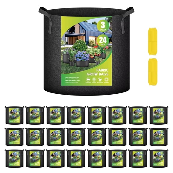 iPower 24-Pack 3 Gallon Plant Grow Bags Heavy Duty Durable Pots Thickened Nonwoven Aeration Fabric Container, Strap Handles for Garden, Black