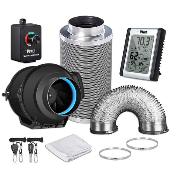 iPower 4'' 150CFM Inline Carbon Filter 25ft Ducting w/Controller & Temperature Humidity Tent Kits, Black