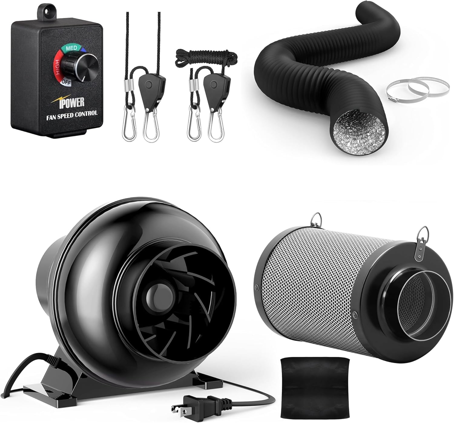 iPower 4 Inch Inline Fan, Air Carbon Filter, 8 Feet Black Ducting ...