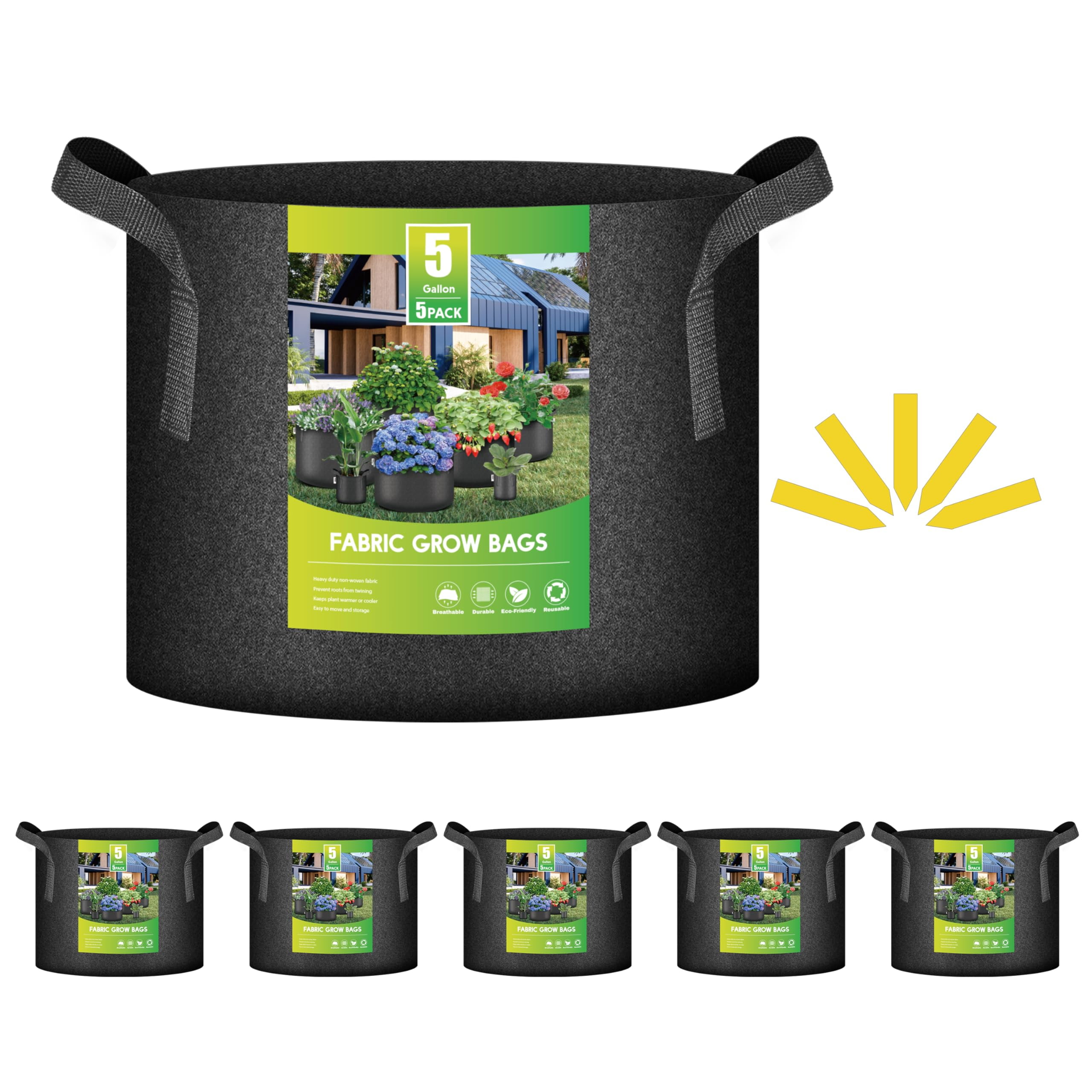 Black 5-Gallon Nonwoven Fabric Grow Bags for Indoor and Outdoor Gardening, 5-Pack