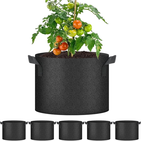 iPower 5 Pack 10 Gallon Grow Bags, Garden Planting Nonwoven Fabric Pots with Reinforced Handle, Heavy Duty and Aeration Planter Pot for Tomato, Fruits, Vegetables and Flowers, Black