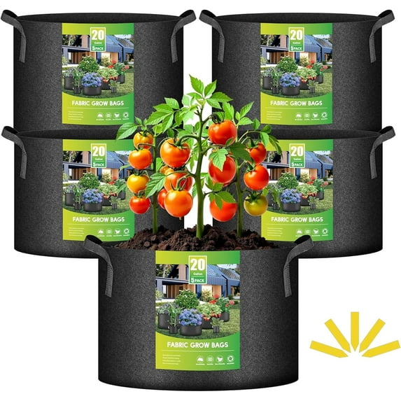 iPower 5-Pack 20 Gallon Plant Grow Bags Thickened Nonwoven Aeration Fabric Pots Heavy Duty Durable Container, Strap Handles for Garden with 5 Labels, Black New