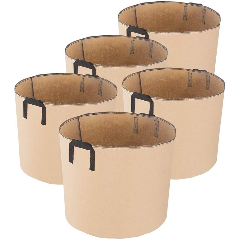 5-Pack 3 Gallons Grow Bags Heavy Duty Thickened Nonwoven Fabric Pots with Strap Handles Tan