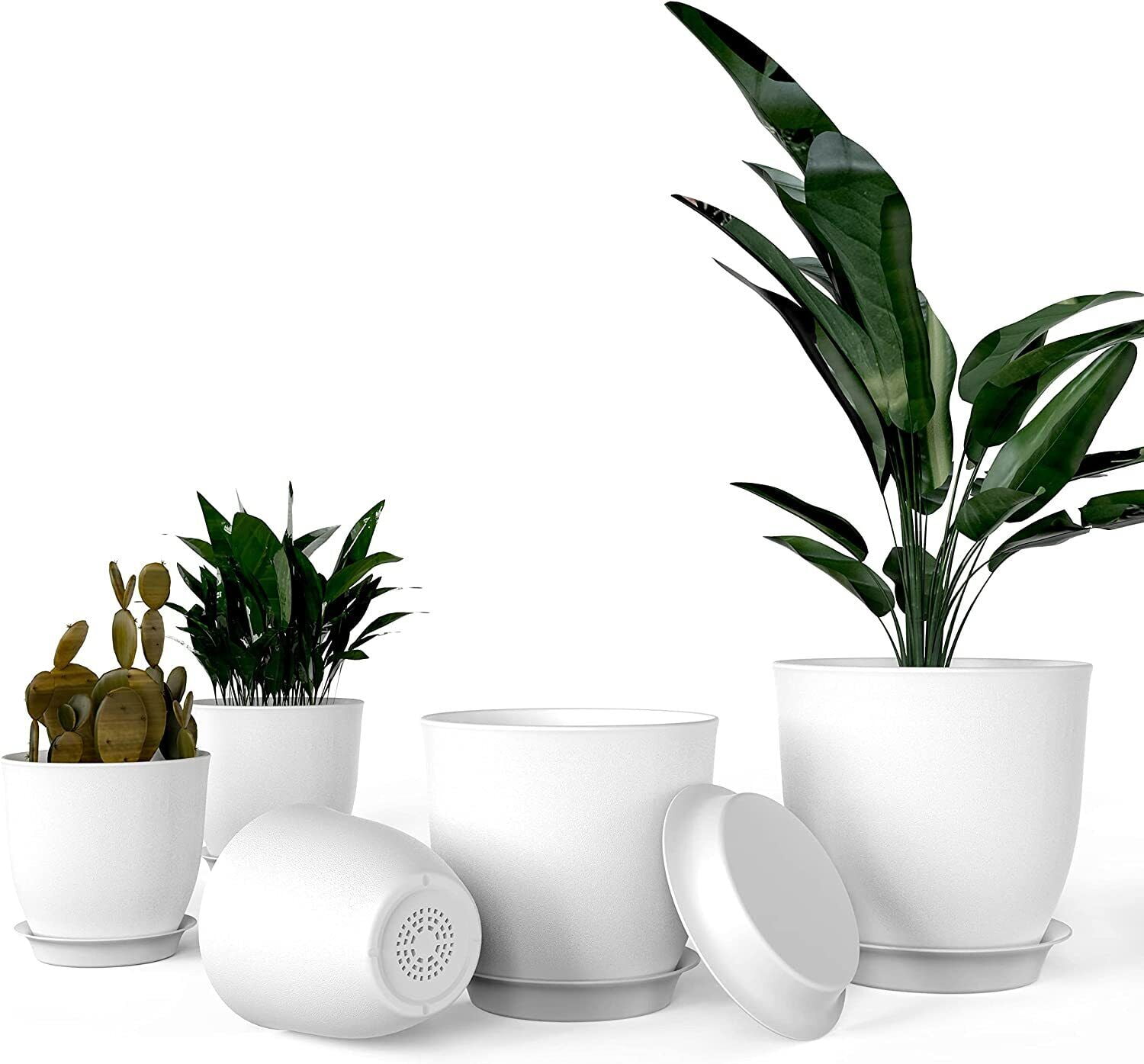White Matte Round Plastic Planter Pots with Drainage Holes, Set of 5