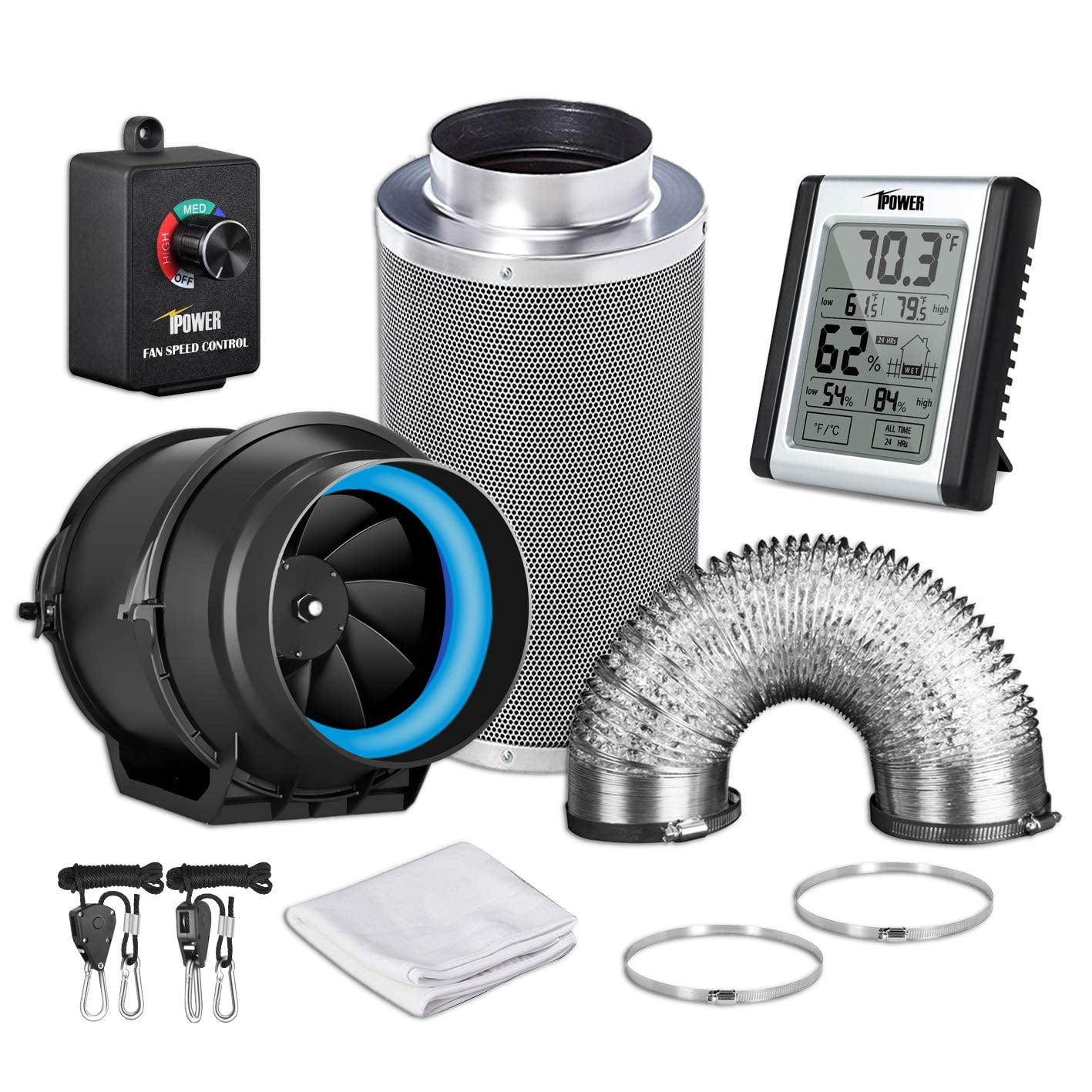 iPower 6 Inch 350 CFM Inline Carbon Filter 16 Feet Ducting with