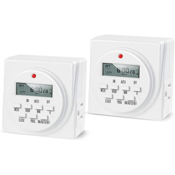 iPower Digital Programmable Timer, Heavy Duty Dual Outlet for Lights, 125VAC, 15A, 60 Hz, 1725W, ETL Listed, Indoor Dual Outlet Switch, Appliance, Pool Pump, White, 2 Pack