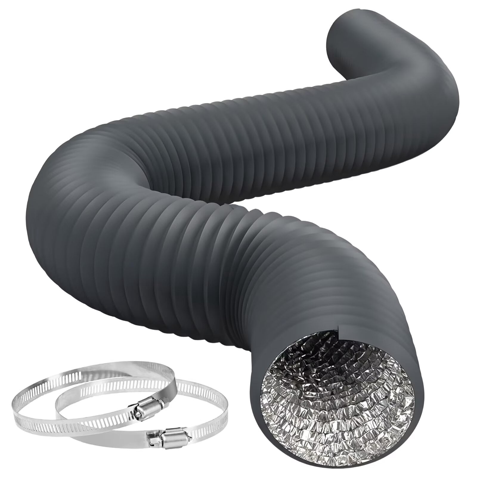 iPower 4 Inch 8 Feet Flexible Aluminum Ducting with 2 Clamps Included 4 Layer Protection Dryer Vent Hose for HVAC Heating Cooling Ventilation and Exhaust, Gray