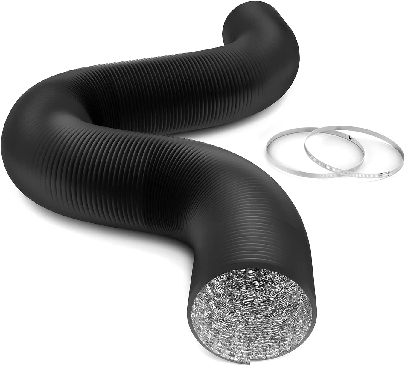 iPower Flexible 6 Inch 25 Feet Aluminum Ducting 4 Layer Protection Dryer  Vent Hose for HVAC Heating Cooling Ventilation and Exhaust, 2 Clamps  Included, PVC 6 in 25ft, Black 