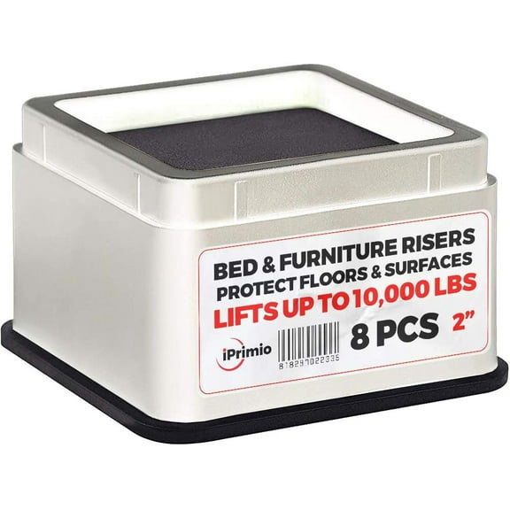 iPrimio Bed and Furniture 2” Risers – Square Elevator up to 2 Inches - Lifts to 10,000 LBs - Protect Floors and Surfaces – For College Dorm Rooms, Couches, and Tables – Stackable (8, White)
