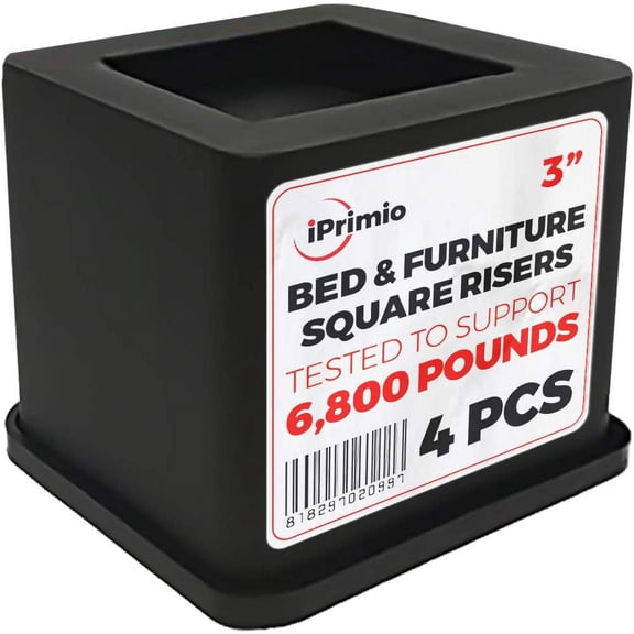iPrimio Bed and Furniture Square Risers - 3 INCH Rise Size - Wont Crack & Scratch Floors - Heavy Duty Rubber Bottom - Up to 6800lbs - Great for Wood and Carpet Surface (Black, 4)