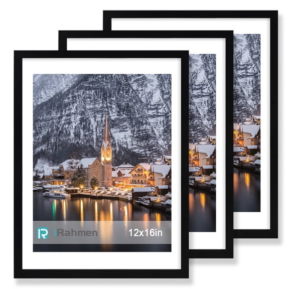 iRahmen 12x16 Frame 3 Pack - Black Wood Picture Frame with 11X14 Mat - Wall Mount Photo Frame for Horizontal & Vertical Display - Poster, Artwork, Gallery Wall