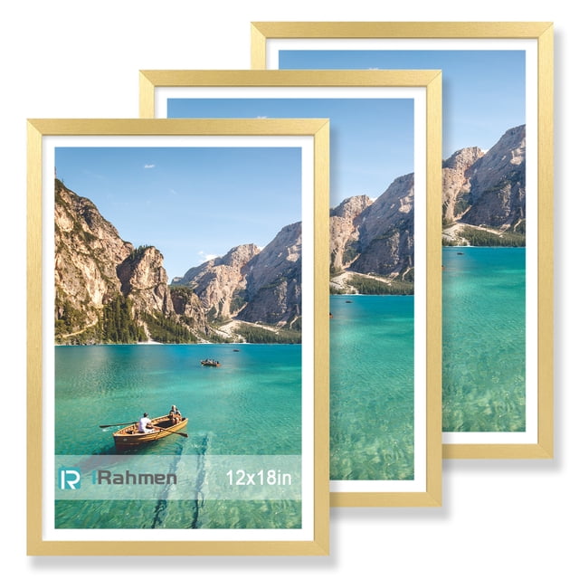 iRahmen 12x18 Frame 3 Pack - Golden Wood Picture Frame with Mat - Wall ...