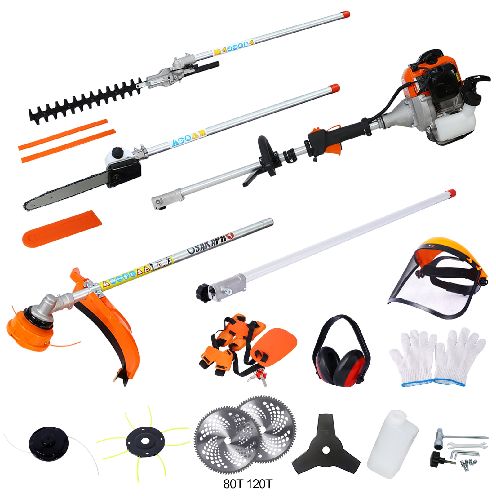 iRerts 12 in 1 Grass Trimmer, 52CC 2-Cycle Gas Powered Weed Eater with Gas Pole Saw, Hedge Trimmer, Grass Trimmer and Brush Cutter, String Trimmer for Grass Garden Yard Care, Orange/Black