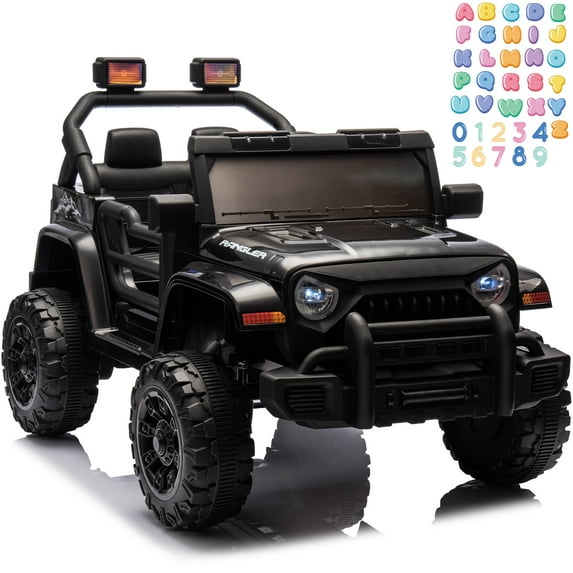 iRerts 12V Ride on Cars with Remote Control, Powered Ride on Toys Truck with Bluetooth, Music, MP3/USB Port, Detachable Steering Wheel, Electric Cars for Kids Boys Girls 3-6 Ages, Black