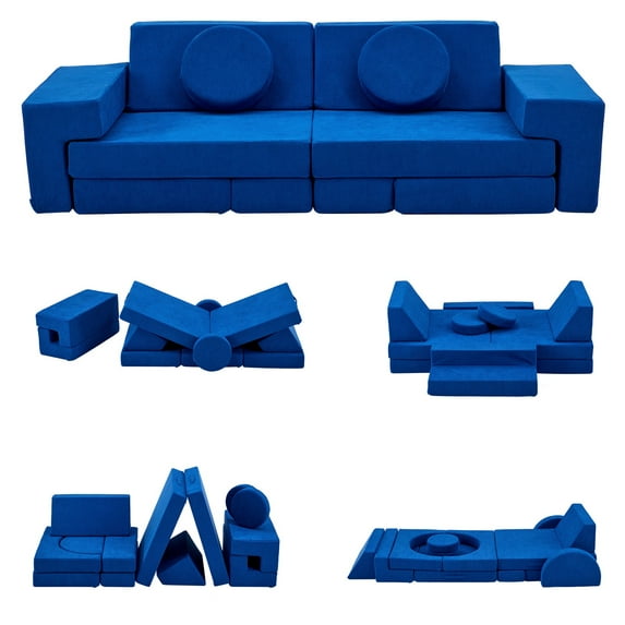 iRerts 14 Pcs Kids Play Couch, Modular Play Couch Kids Sofa, Kids Couch Floor Sofa for Children, Kids Couch Building Fort Foam Couch for Playroom Bedroom Nursery, Blue