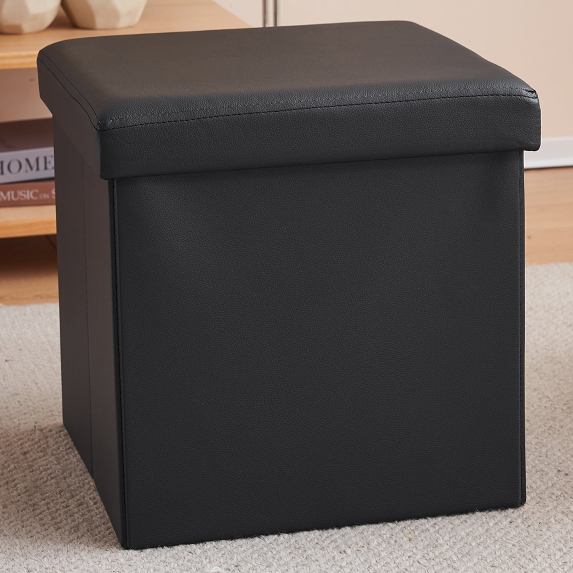 iRerts 15" Small Folding Storage Ottoman Cube, PVC Small Ottomans Bench Foot Rest Stool