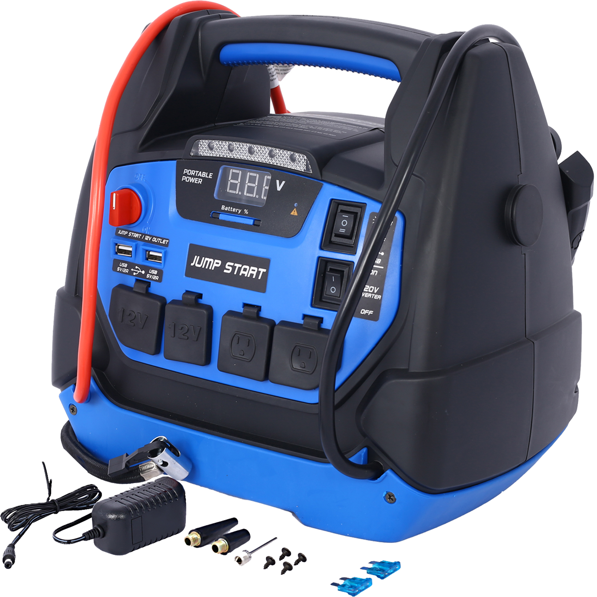 iRerts 1800 Peak Amp Jump Starter, Rechargeable Jump Starter for Gas Diesel Vehicles, Portable Power Station Powerhouse with Air Compressor, 2 DC Outlets, 2 AC Outlets, and 2 USB Ports - image 1 of 10