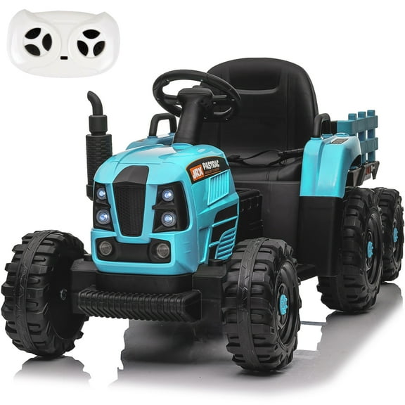 iRerts 24V Ride on Toy Tractor with Trailer, Powered Ride on Car with Remote Control, Electric Cars for Kids Toddlers 3-6 Years Old with 3 Speeds, Bluetooth, Music, USB/MP3 Ports, LED Light, Blue