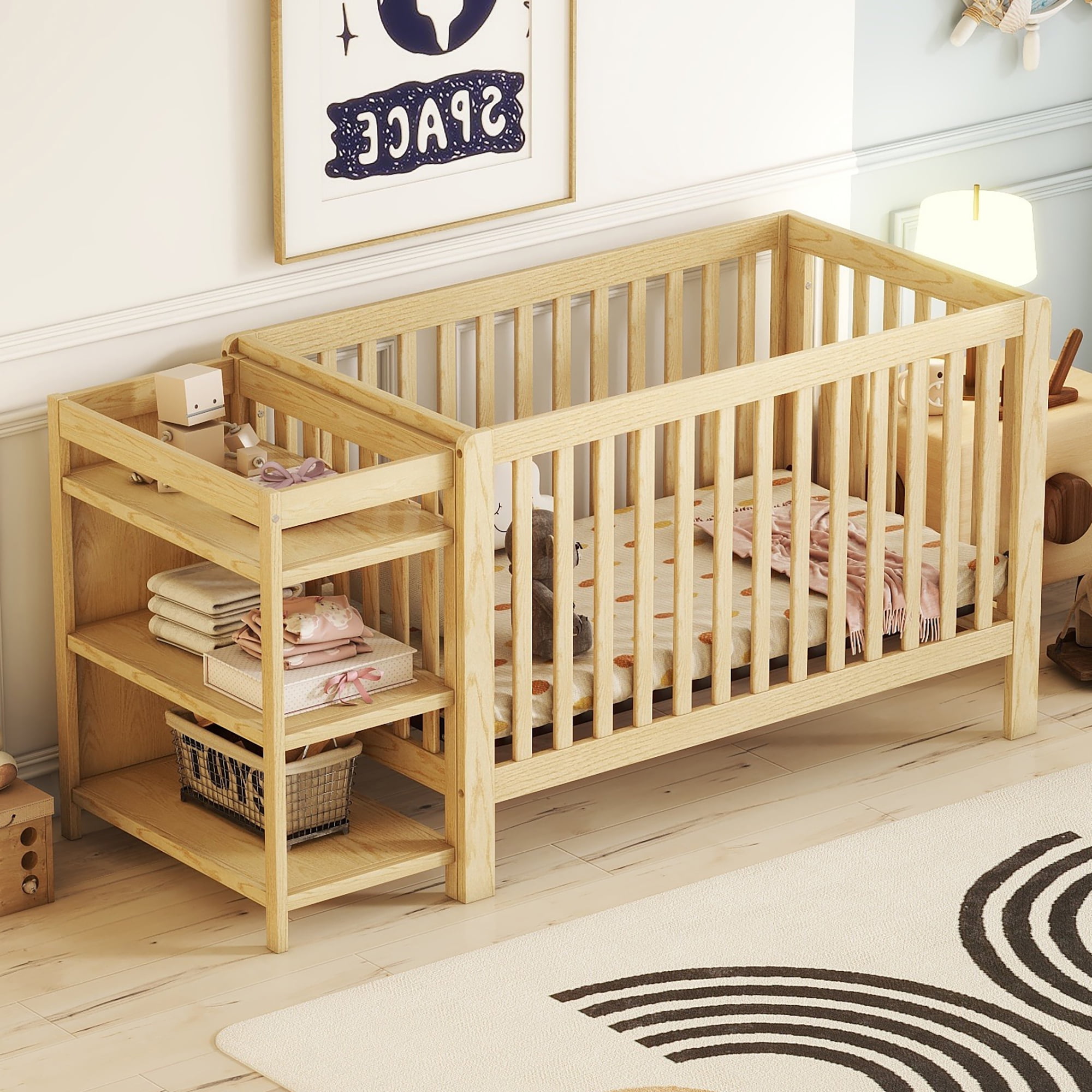 Baby cribs with changing clearance station