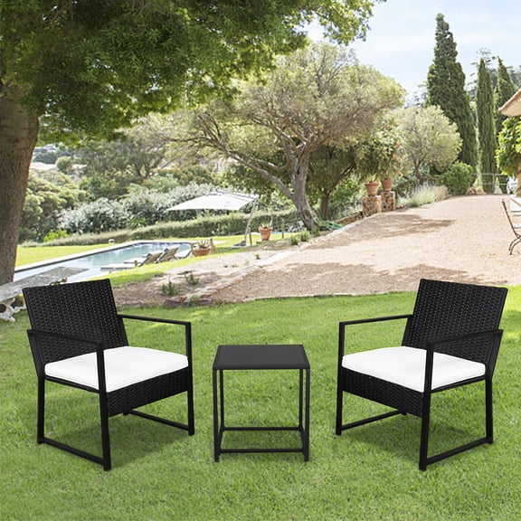 iRerts 3 Piece Patio Furniture Chair Set, Outdoor Patio Bistro Set with Glass Coffee Table and Beige Cushion, Wicker Porch Chairs Conversation Set for Garden Backyard Poolside Yard, Black
