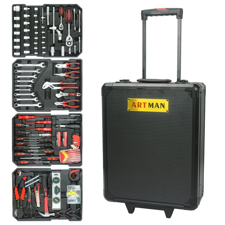 iRerts 899PCS Tool Set Black Hand Tool Box with 4 Layers of Toolset and Wheels Household Tool Kit with Rolling Tool Box Complete Tool Box Set for