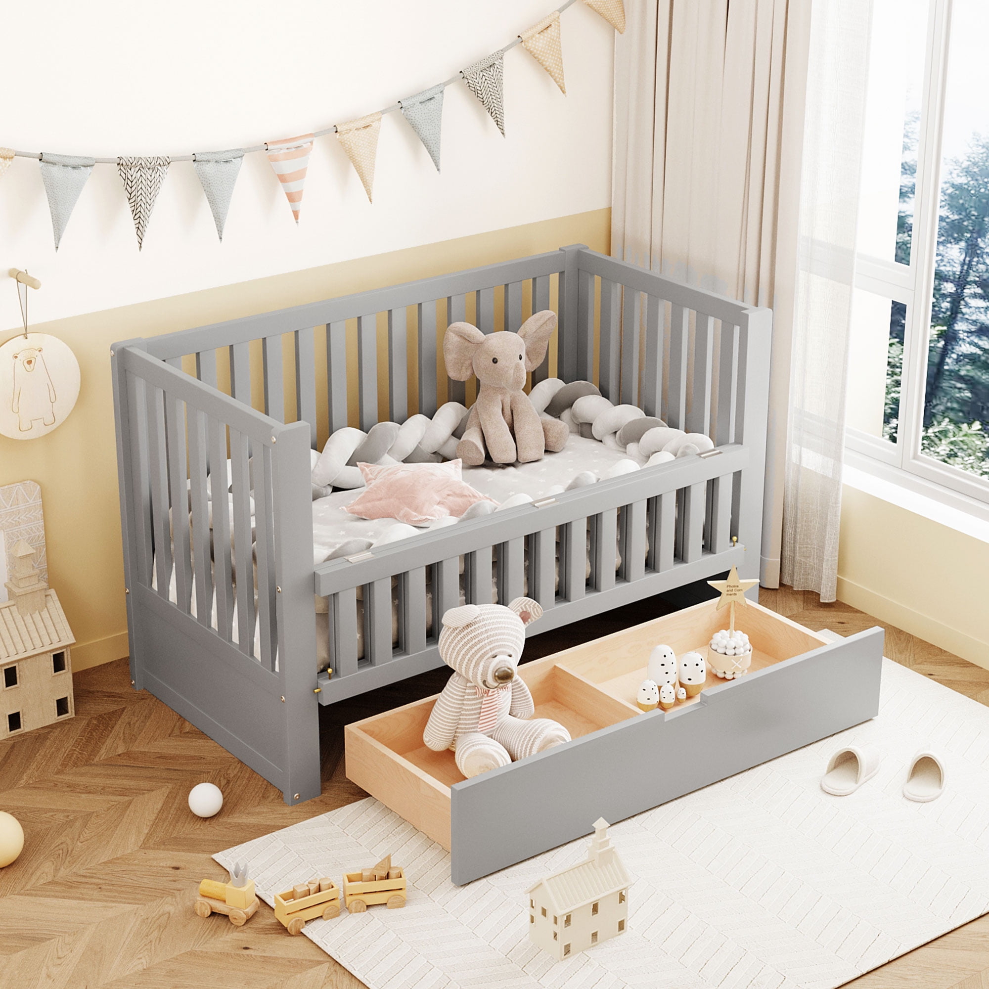 iRerts Baby Crib with Drawers and 3 Height Options, Bed Side Cribs for