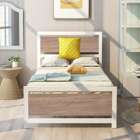 iRerts Bed Frame Twin Size with Wood Headboard and Footboard, White Metal Twin Bed Frame with Slat Support, Industrial Twin Platform Bed Frame No Box Spring Needed for Bedroom