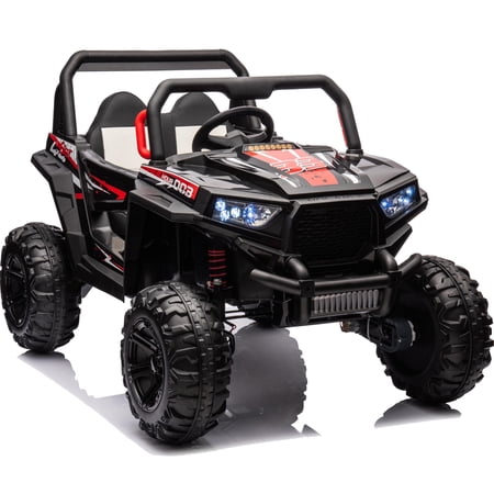 iRerts Black 12V Battery Powered Ride On Cars with Remote Control for Boys Girls Gifts, Big Leather Seat Kids Ride on UTV Trucks Toys with Music, USB, LED Lights