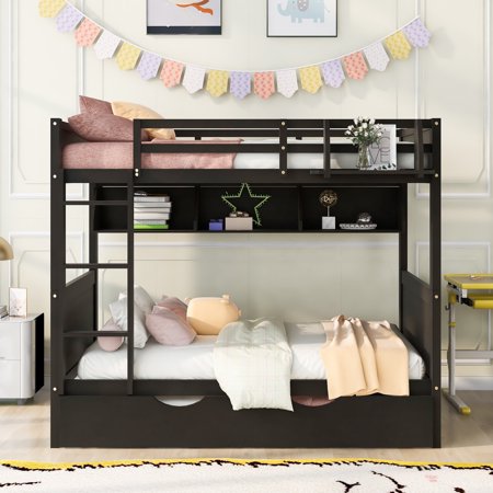 iRerts Bunk Bed with Trundle, Wood Full Over Full Bunk Bed with Bookshelf and Guardrail, Space Saving Full Bunk Bed No Box Spring Needed, Separable Bunk Bed for Adults Teens Kids Bedroom, Espresso