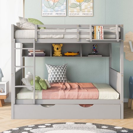 iRerts Bunk Bed with Trundle, Wood Full Over Full Bunk Bed with Bookshelf and Guardrail, Space Saving Full Bunk Bed No Box Spring Needed, Separable Bunk Bed for Adults Teens Kids Bedroom, Gray