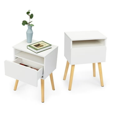iRerts End Table Set of 2, White Bedside Table Nightstand with Drawer and Shelf, Modern Bed Side Table Sofa End Table with Wood Legs, Night Stand Bedside Table for Bedroom Living Room Office