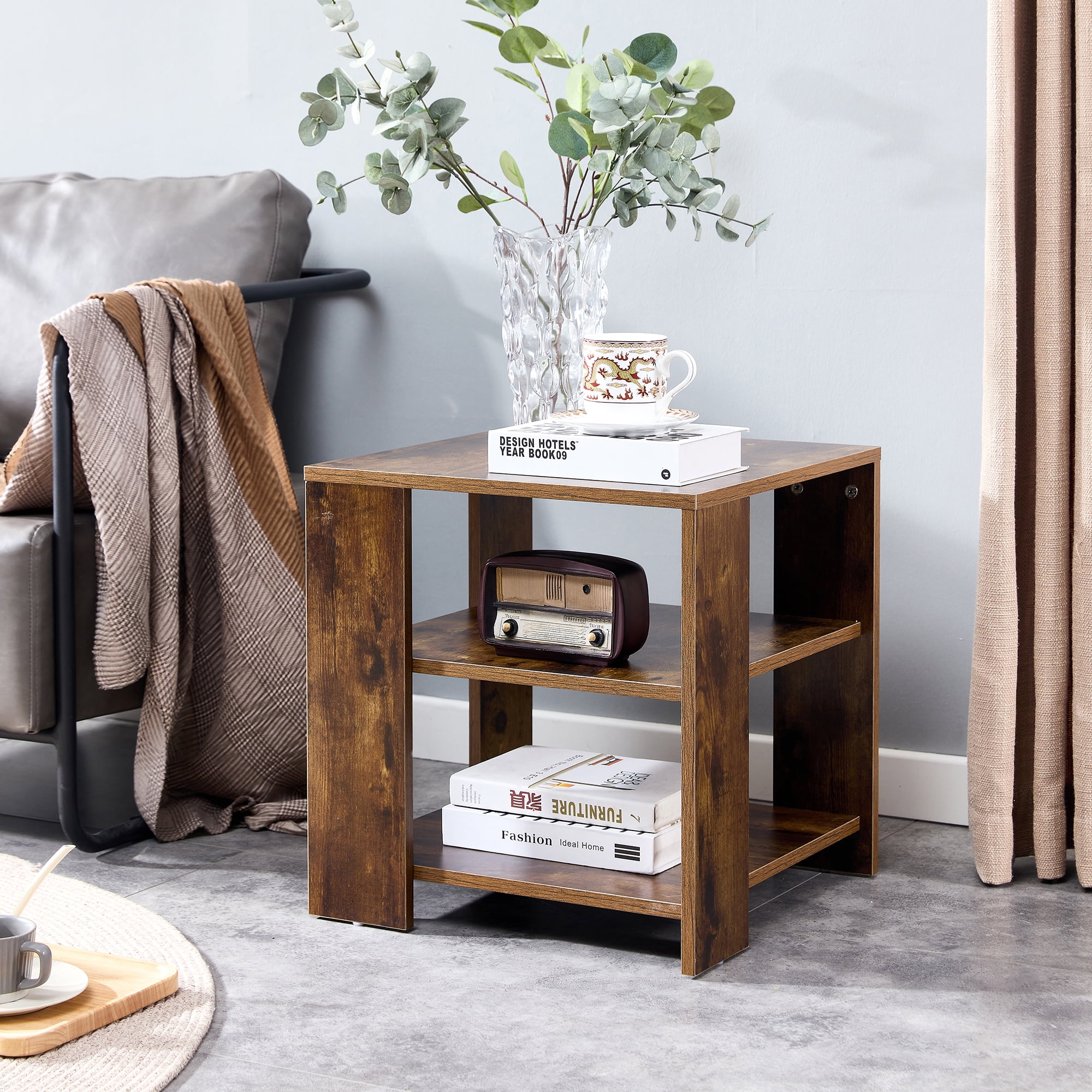  Vintage Side Table with Storage Shelf, 3 Tier Slim End Table  Modern Sofa Table for Narrow Spaces, 24.6 Inch Height Bedside Table Small  Nightstand with Magazine Rack Space Saving/Brown : Home
