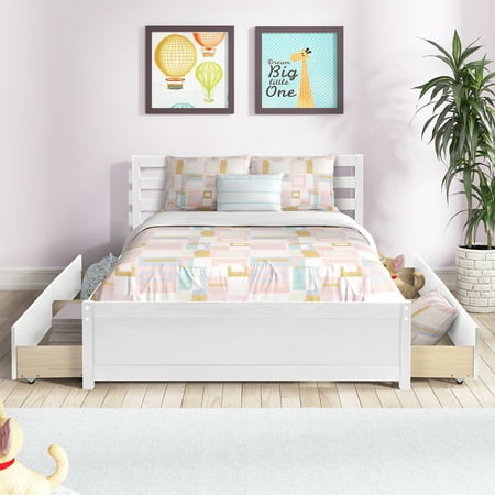 iRerts Full Bed Frame with Headboard, Solid Wood Full Platform Bed Frame with Storage Drawers, Slats Support and Support Legs, Modern Full Size Bed Frame No Box Spring Needed for Bedroom, White