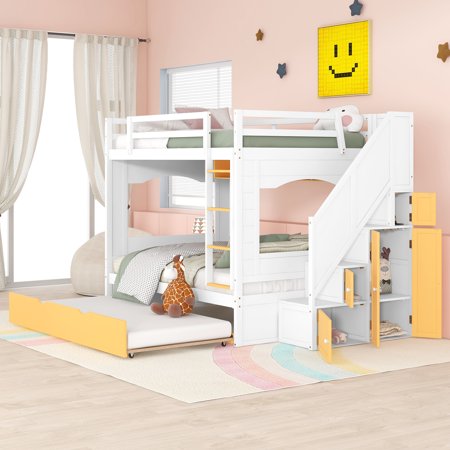iRerts Full Over Full Bunk Bed with Trundle, Solid Wood Bunk Beds Full over Full with Storage Cabinet, Stairs and Ladders, Full Bunk Beds for Bedroom, White/Yellow