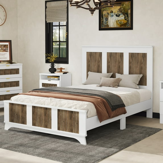 iRerts Full Platform Bed Frame with Headboard, Farmhouse Wooden Full Bed Frame, Modern Bed Frame Full Size with Wood Slats Support, No Box Spring Needed, White