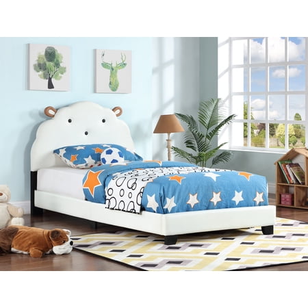 iRerts Upholstered Twin Size Platform Bed for Kids, Cute Twin Bed Frame with Sheep Design Headboard for Girls Boys Teens, Wooden Bed Frame Twin Size with Slatted Bed Base, No Box Spring Needed, White