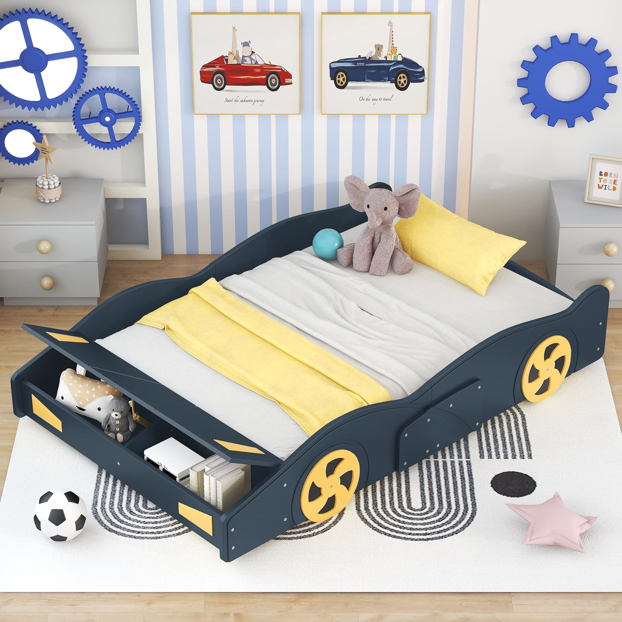 iRerts Full Size Race Car Bed Frame with Storage and Wheels, Wood Full