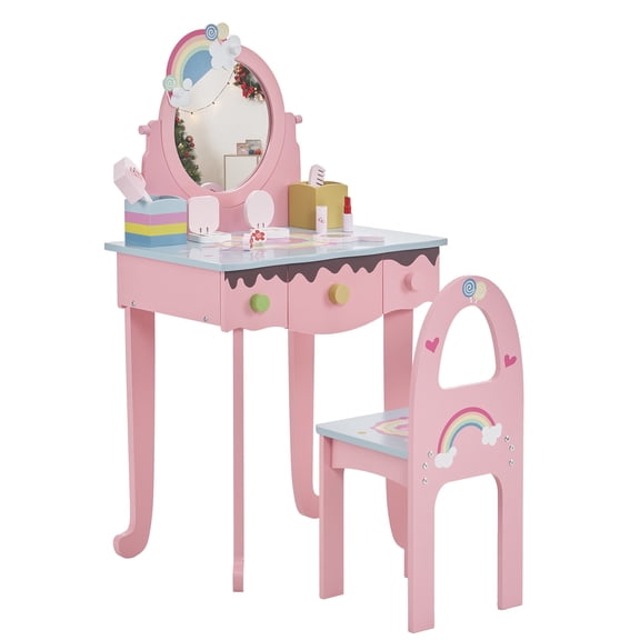 iRerts Girls Vanity Set, Princess Kids Vanity Table and Chair Set with Mirror, Drawers, Toddler Makeup Vanity Set with 7pcs Pretend Play Makeup Toys, Pink
