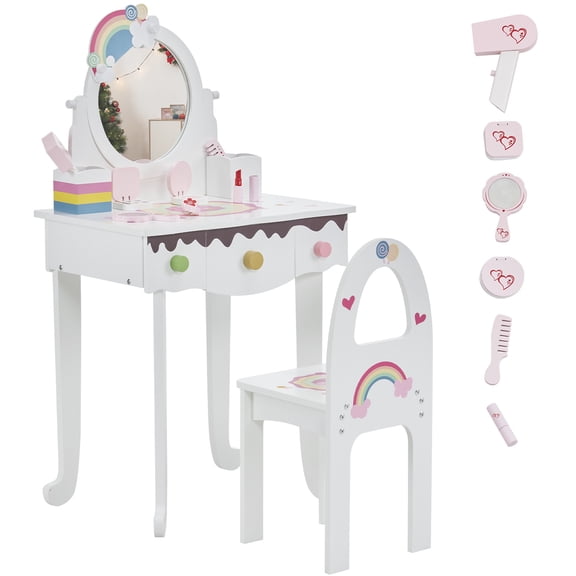 iRerts Girls Vanity Set, Princess Kids Vanity Table and Chair Set with Mirror, Drawers, Toddler Makeup Vanity Set with 7pcs Pretend Play Makeup Toys, White