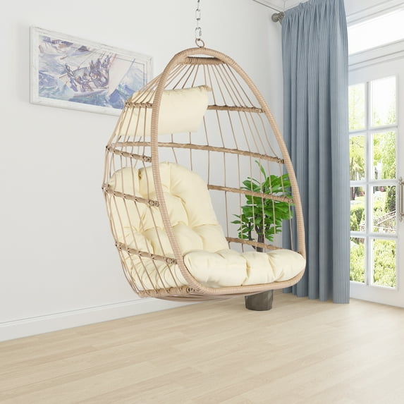 iRerts Egg Swing Chair, Rattan Wicker Egg Chair Outdoor Chair, Outdoor Hanging Egg Chair with Hanging Chain and khaki Cushion, Foldable Basket Hanging Chair for Bedroom Patio Yard Indoor Outdoor