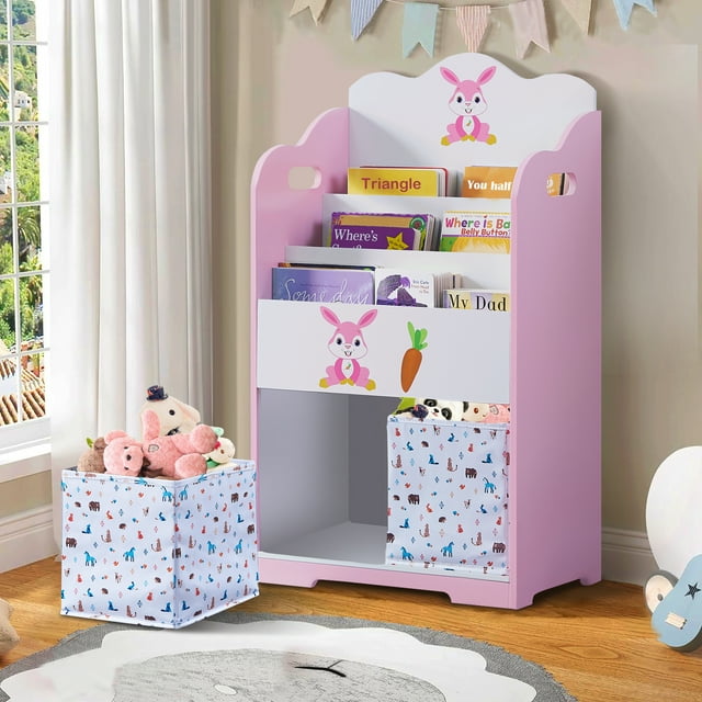 iRerts Kids Bookshelf with Toy Bin, Wood 4 Tier Kids Bookcase with 3