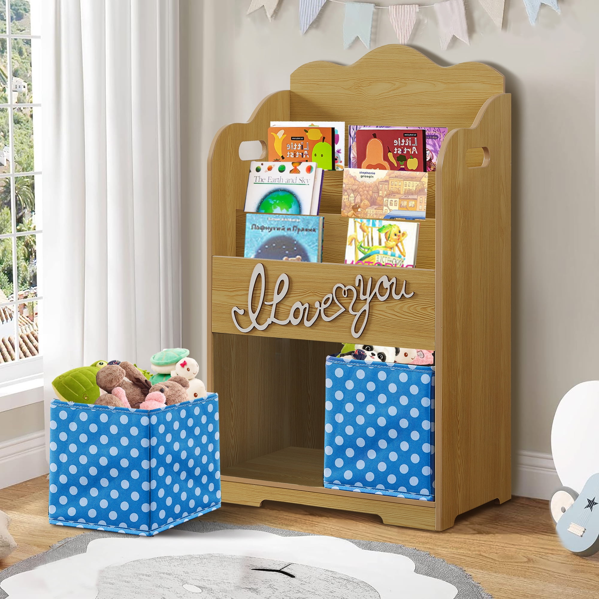 iRerts Kids Bookshelf with Toy Bin, Wood 4 Tier Kids Bookcase with 3