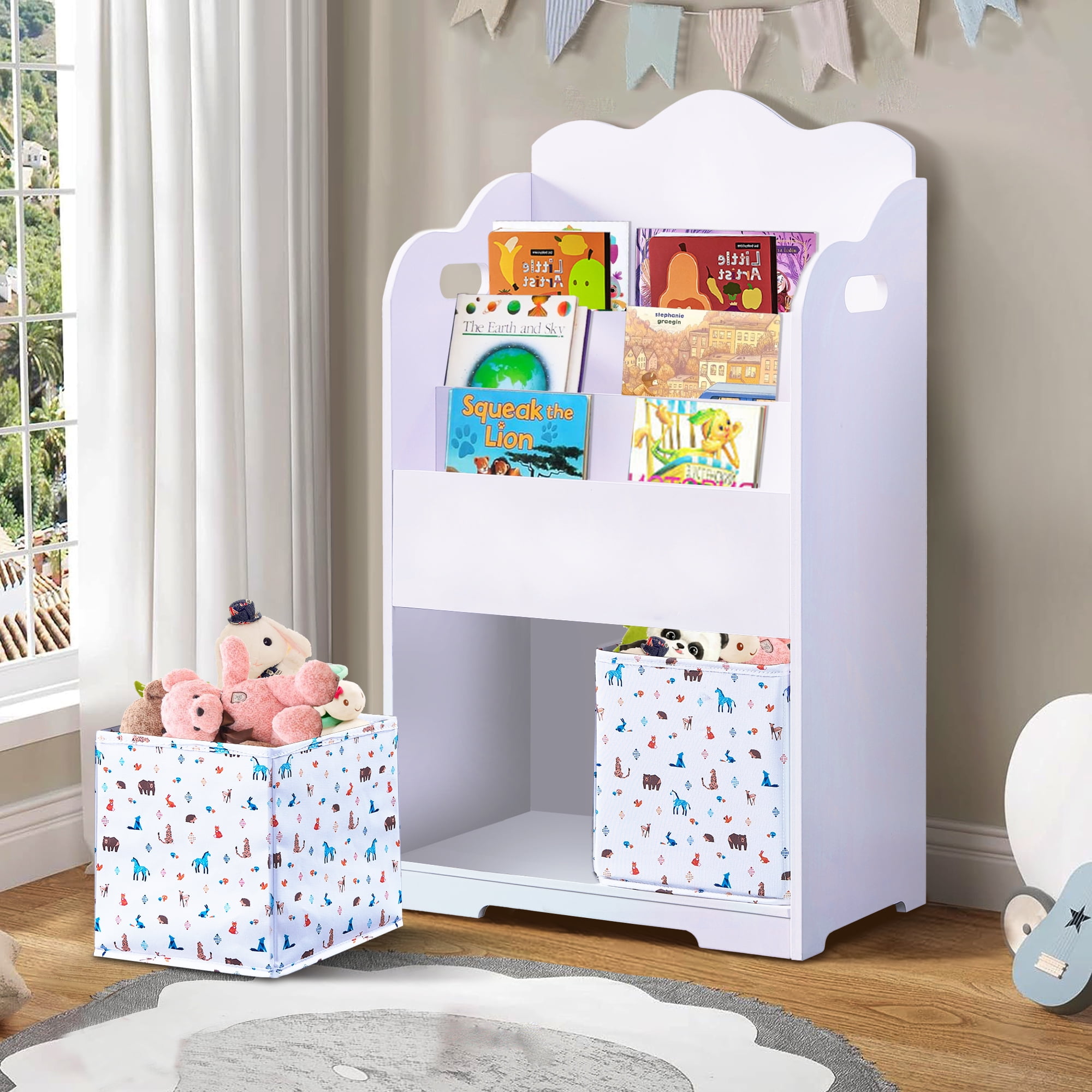 iRerts Kids Bookshelf with Toy Bin, Wood 4 Tier Kids Bookcase with 3