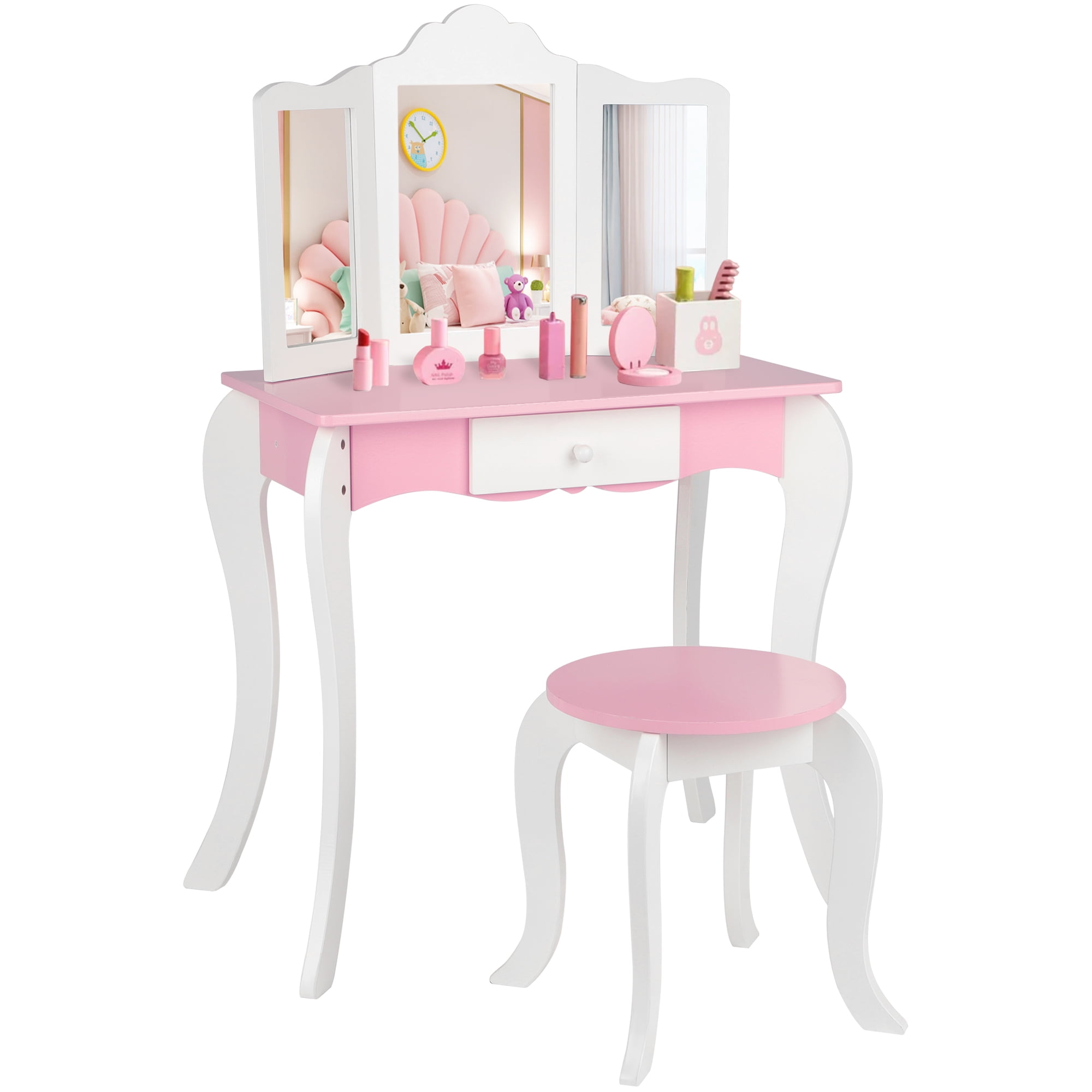 iRerts Kids Makeup Vanity Set Wood Kids Vanity Set with Mirror